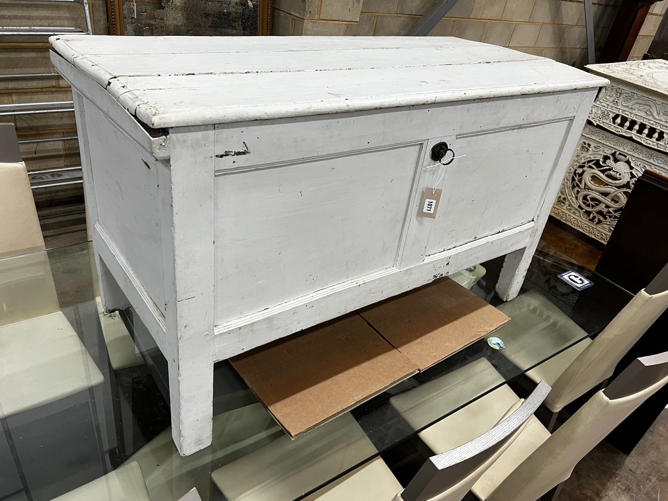 An 18th century later painted oak coffer, width 123cm depth 55cm height 71cm